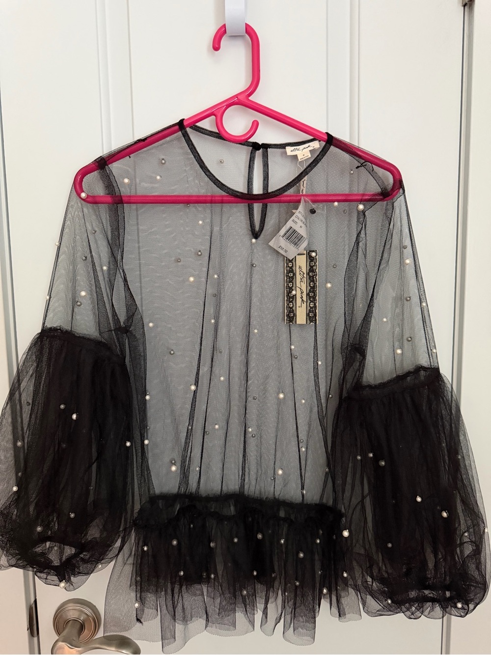 Ultra Pink Black Sheer Pearl-Embellished Mesh Blouse